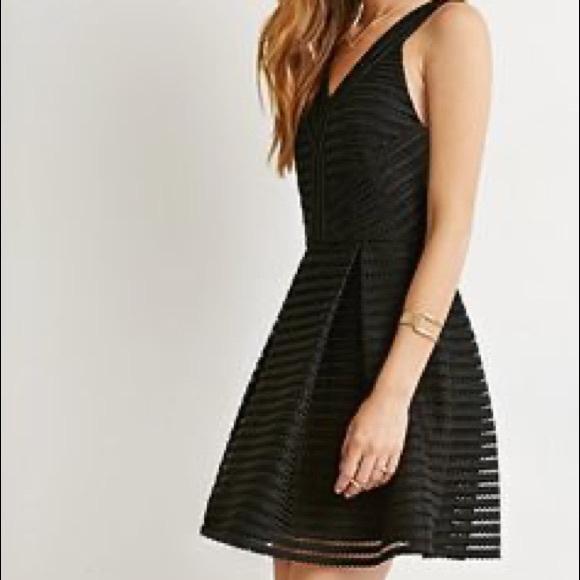 Black Striped Mesh Fit and Flare Dress - Picture 2 of 6